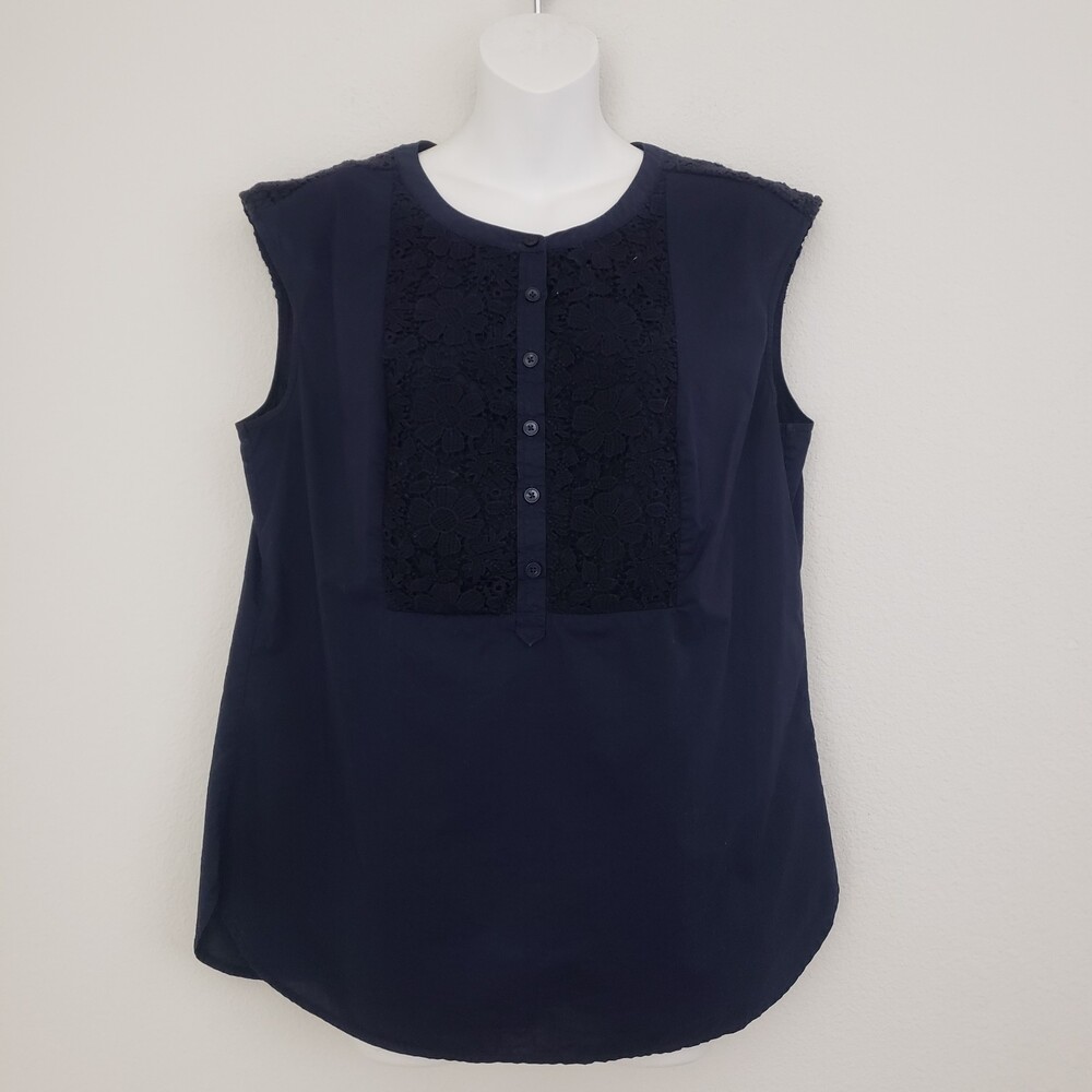 Talbots Top Navy Blue Medium Floral Lace Crochet Sleeveles Casual Preppy